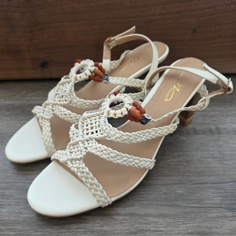 Midnight Velvet Ivory Beads & Braid Macrame Boho Block Heel Sandals Womens 11M